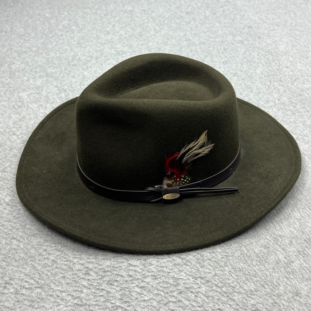 Scala Crushable Felt Outback Hat Men's Large Green 100% Wool Felt Feather Fedora